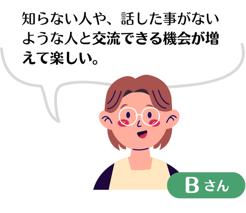 Bさん「知らない人や、話した事がないような人と交流できる機会が増えて楽しい。」
